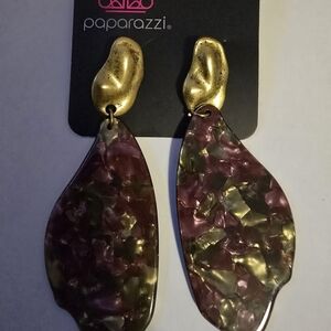 paparazzi Gold and Iridescent Purple-Green Resin Drop Earrings